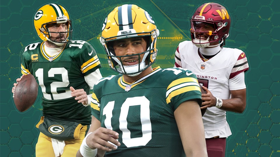 Jordan Love is battling Aaron Rodgers, left, and Jayden Daniels at the same time